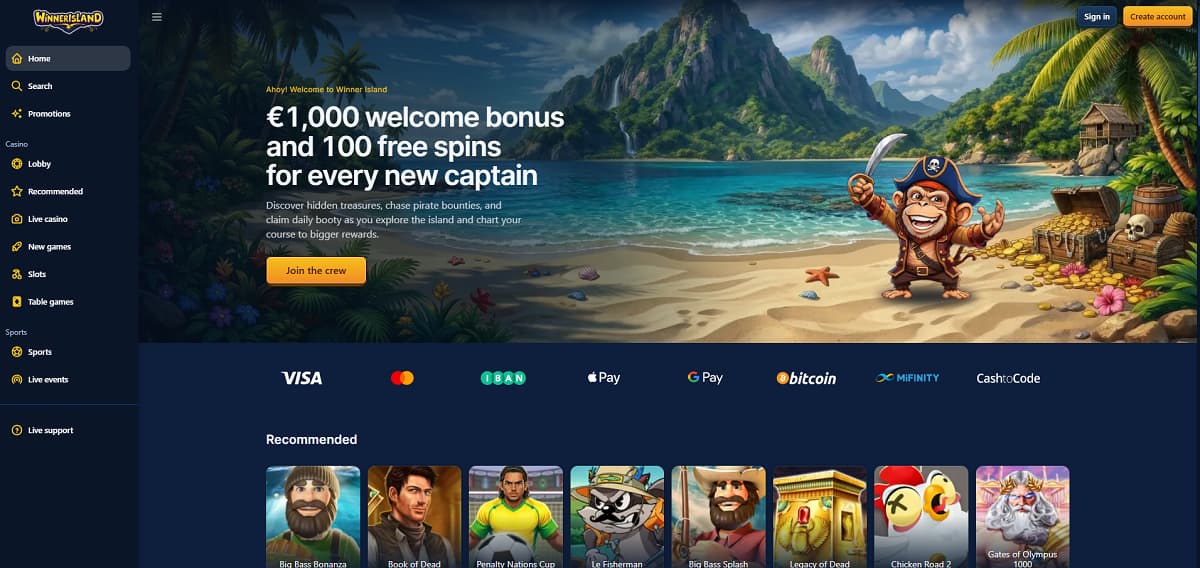Página de inicio de Winner Island con una temática tropical de piratas. Un banner promociona un bono de 1.000 € más 100 giros gratis para nuevos jugadores. La imagen muestra monos piratas con un cofre del tesoro en una isla paradisíaca. El menú de navegación incluye secciones de casino, apuestas deportivas y promociones, además de juegos como Big Bass Bonanza, Book of Dead y Gates of Olympus.